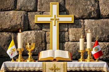 Cruz blanca y dorada sobre muro de piedra inca, un altar con cáliz dorado, Biblia abierta, dos cirios encendidos, banderas de Perú y el Vaticano.