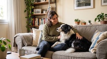 Una mujer con jersey verde sonríe y acaricia a un perro blanco y negro en un sofá gris junto a estanterías con plantas y libros.
