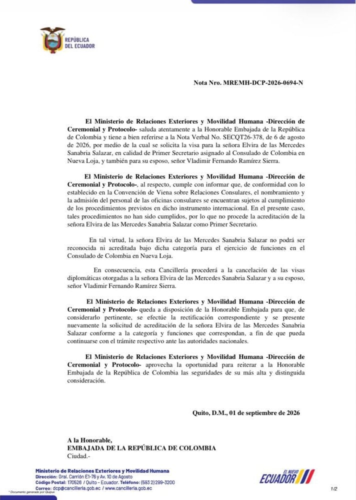 La designación de Sanabria Salazar para Nueva Loja fue presentada un mes antes del fin del gobierno de Gustavo Petro y quedó bajo controversia por ese contexto político - crédito Cancillería de Ecuador