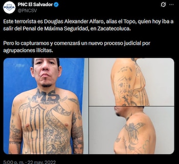 Momento de la recaptura de 'El Topo de Tribu' el 22 de mayo de 2022, tras intentar recuperar su libertad al finalizar una condena previa (Cortesía PNC).