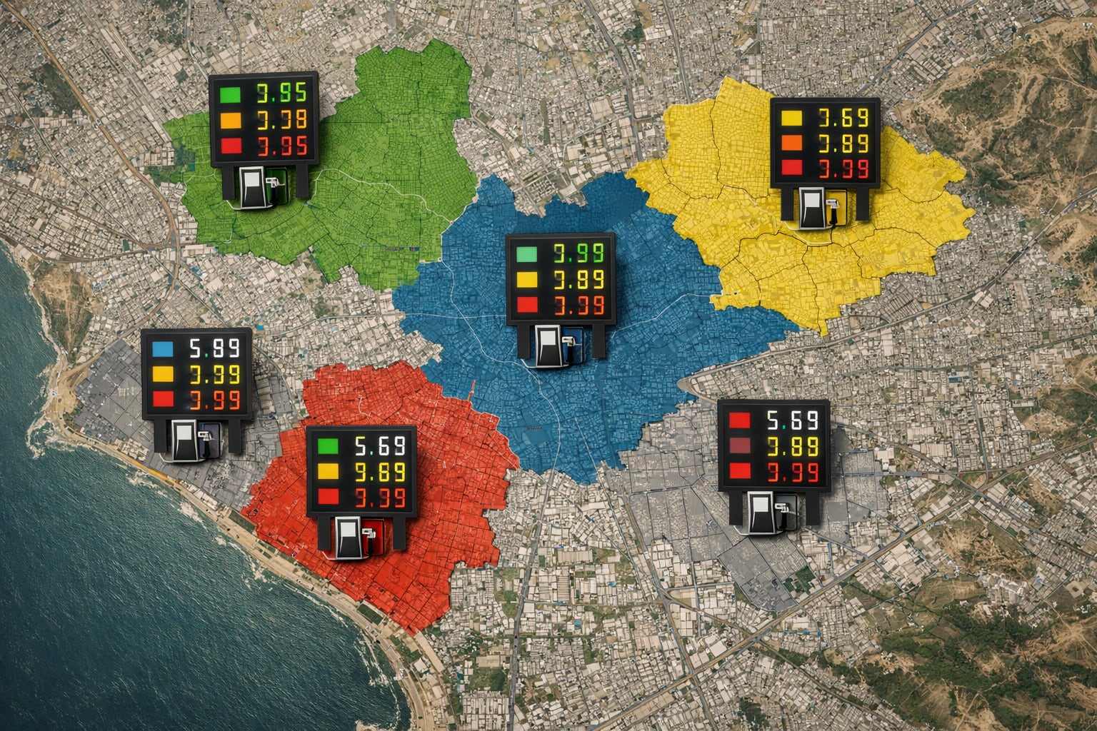 Un mapa conceptual de Lima ilustra la variación de precios de combustible entre distritos como San Juan de Lurigancho, Villa El Salvador, Cercado de Lima, Los Olivos y Callao, destacando las diferencias geográficas en el costo. (Imagen Ilustrativa Infobae)