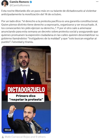 Camilo Romero cuestionó a De la Espriella por el anuncio de un decreto sobre protesta social - crédito @CamiloRomero/X