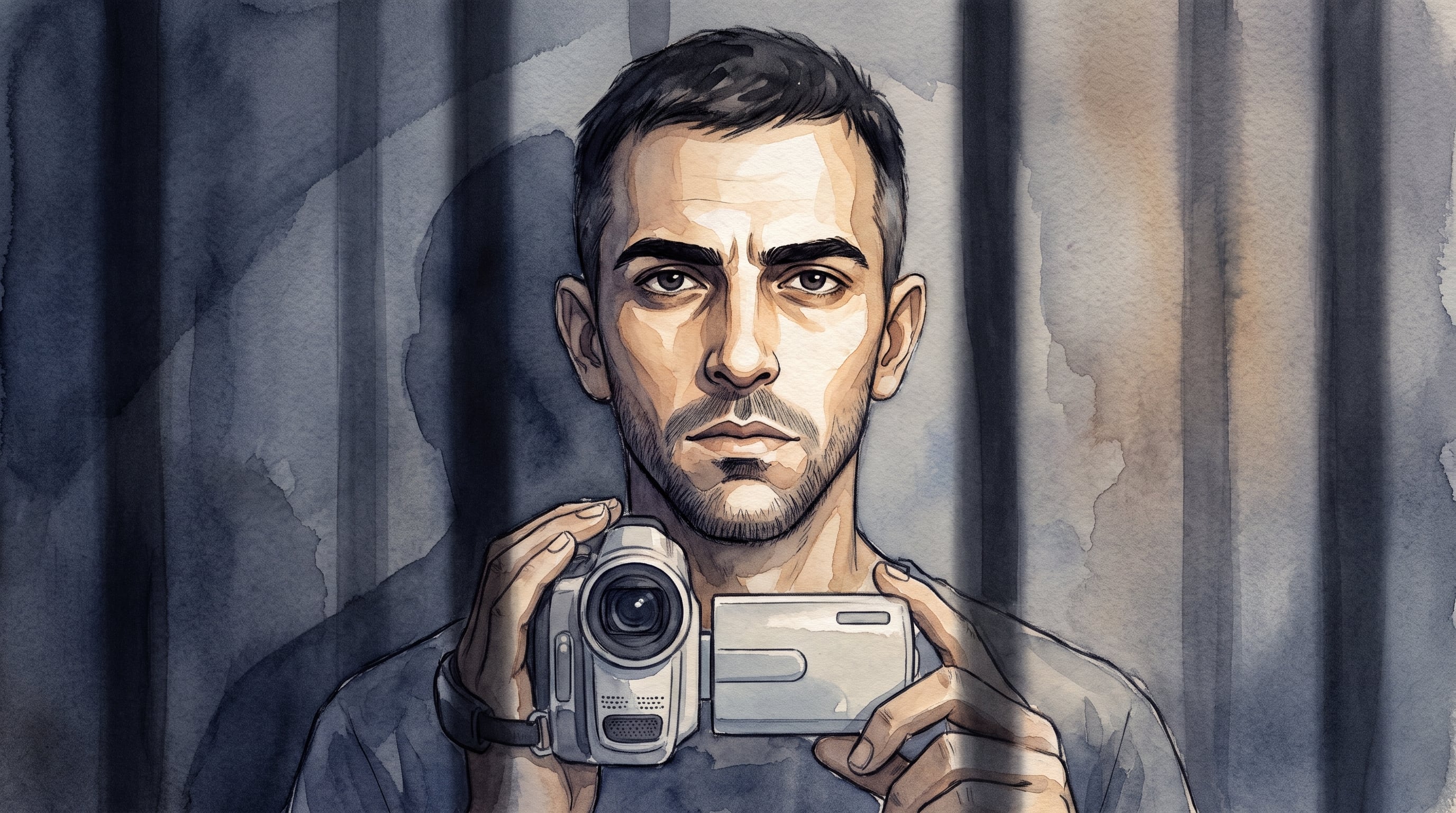El humorista cubano Eduardo Ceballos Pérez sostiene una cámara de video en una celda ilustrada con sombras de barrotes. (Imagen Ilustrativa Infobae)