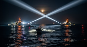 Lancha motorizada oscura en el mar de noche, bajo focos cruzados de barcos de la Guardia Costera de EE. UU. Luna llena visible y reflejos de luz en el agua.
