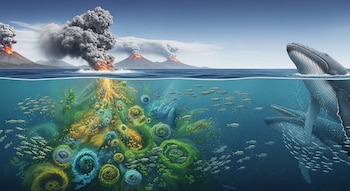 Ilustración de volcanes en erupción sobre el mar, con ceniza cayendo al agua. Debajo, florecimiento de algas, cardúmenes de peces y ballenas alimentándose.