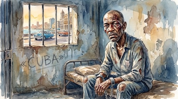 Ilustración en acuarela de un hombre encadenado en una celda, con una ventana que da hacia una calle costera.