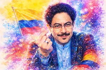 Un retrato vibrante estilo acuarela de un hombre sonriente con gafas y bigote haciendo un corazón con los dedos, con la bandera de Colombia y destellos de colores al fondo.