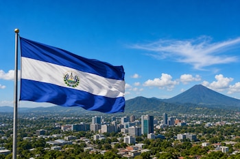 La bandera de El Salvador ondea en un asta frente al panorama urbano de la capital y una montaña al fondo bajo un cielo azul.