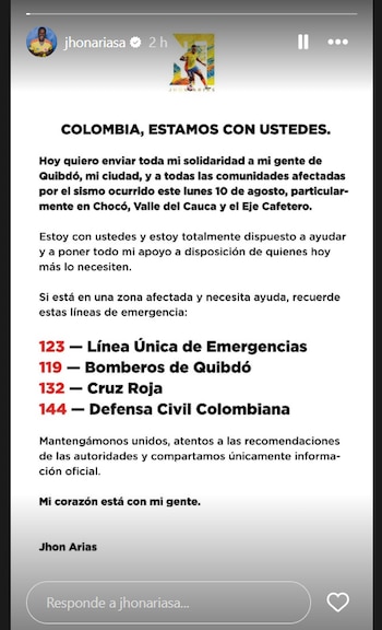 Mensaje de Jhon Arias en Instagram con líneas de atención en caso de emergencias - crédito Instagram