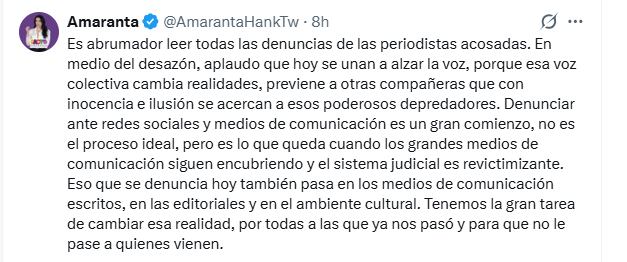 La reciente decisión de iniciar investigaciones internas coincidió con una oleada de testimonios públicos - crédito @AmarantaHankTw / X