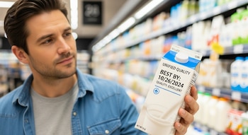 Hombre caucásico en camisa vaquera azul mira un cartón de leche blanco con una etiqueta azul "UNIFIED QUALITY BEST BY: 10/26/2024" en un supermercado.