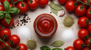 Frasco de kétchup casero, tomates cherry, hojas de albahaca, dientes de ajo, granos de pimienta, sal, especias secas y hojas de laurel sobre madera clara.