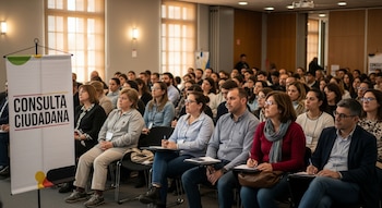 Salón de reuniones lleno de personas sentadas. Un estandarte blanco con la leyenda "CONSULTA CIUDADANA" en letras negras y naranjas.
