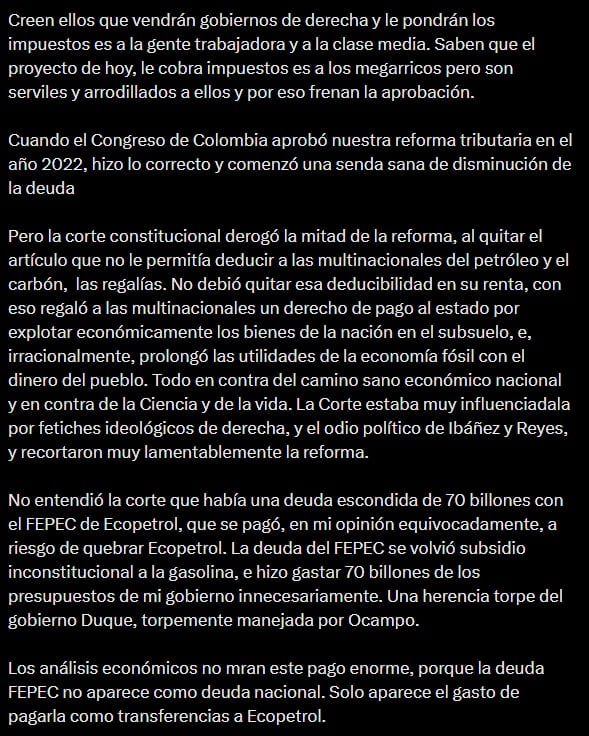 El mandatario alertó que el costo de la deuda se eleva por políticas del Banco de la República y recortes a la reforma tributaria, lo que compromete el futuro económico y limita la inversión en proyectos clave (Parte dos) - crédito Captura de pantalla / X