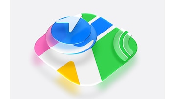 Multicolored map icon with a shiny blue sphere and white navigation arrow, transparent liquid glass effect, on white background