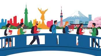 Seis personas con mochilas y libros sobre un puente azul. Al fondo, edificios, el Ángel de la Independencia, la Torre Skytree y el Monte Fuji.