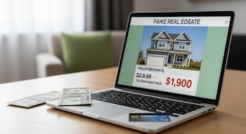 Una laptop abierta sobre una mesa de madera clara con billetes de dólar y una tarjeta de crédito; su pantalla muestra un anuncio de casa con un precio.