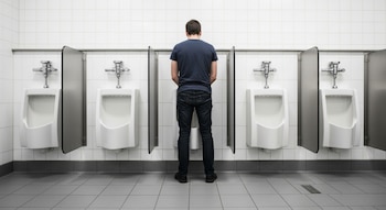 Un hombre de espaldas orina en un urinario en un baño público con paredes de azulejos blancos y cinco urinarios con divisores metálicos.