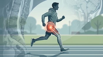 Silueta de persona joven corriendo con esqueleto y músculos visibles en la pierna, un resplandor rojo en la cadera, pista de atletismo y escáneres médicos al fondo.