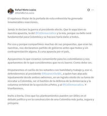 Rafael Nieto Loaiza se zafó de la polémica por sus declaraciones
