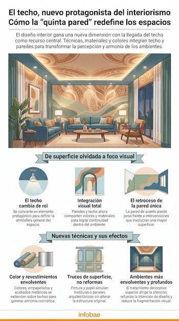 Infografía sobre diseño de interiores con una ilustración de una sala de estar de techo decorado y secciones explicativas con íconos.