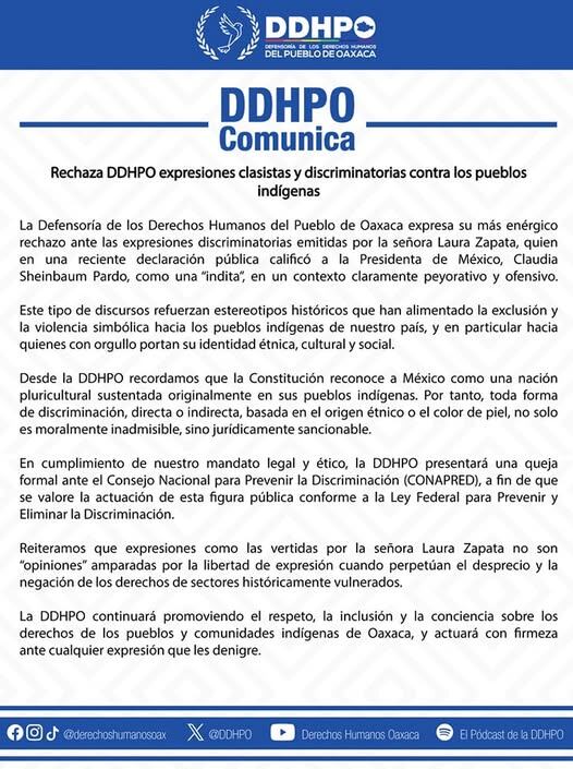 La Defensoría de Oaxaca y Conapred intervienen ante expresiones consideradas ofensivas hacia pueblos indígenas (Facebook)