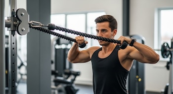 Hombre con camiseta negra realiza un face pull en una máquina de poleas, sujetando una cuerda a la altura de su rostro, con los codos levantados y en rotación externa, en un gimnasio iluminado.