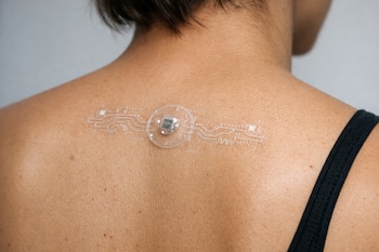 Primer plano de la espalda de una persona con un tatuaje temporal transparente que incluye un sensor pequeño y redondo; se observa un tirante negro.