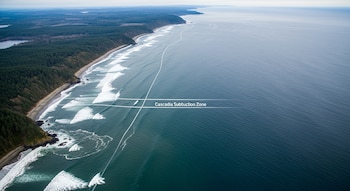 Vista aérea de la costa del noroeste de Estados Unidos con densos bosques, una playa y el océano con olas. Una línea blanca superpuesta marca la Falla de Cascadia en el mar.