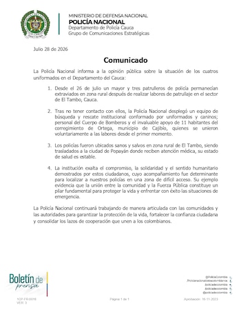 Once habitantes del corregimiento de Ortega, en Cajibío, participaron de forma voluntaria en el rastreo y su apoyo resultó clave para encontrar a los uniformados - crédito Policía Nacional