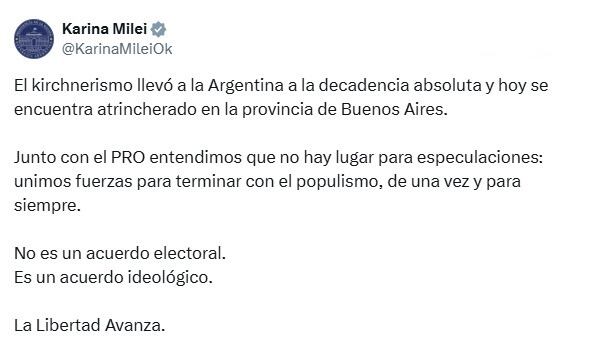 El mensaje de Karina Milei, titular de La Libertad Avanza