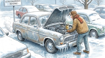 Ilustración de un conductor en un estacionamiento invernal intentando arrancar su coche helado con el capó abierto; la batería y el motor están cubiertos de hielo.