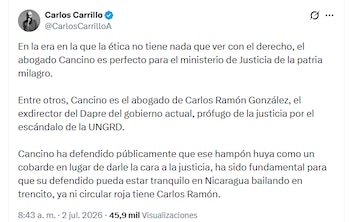Carlos Carrillo cuestionando posible llegada de Iván Cancino como ministro de Justicia - crédito @CarlosCarrilloA/X