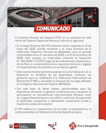 Comunicado del IPD sobre el reconocimiento de la Junta Directiva de la Federación Deportiva Peruana de Basketball.