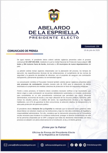 La solicitud del presidente electo sostiene que se trata de asuntos que tocan la seguridad del Estado, la protección de derechos fundamentales y la correcta administración de los recursos públicos - crédito Prensa Abelardo de la Espriella