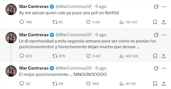 Tres tuits de Mar Contreras con su foto de perfil, texto, iconos de comentarios, retuits, me gusta, vistas y la hora de publicación