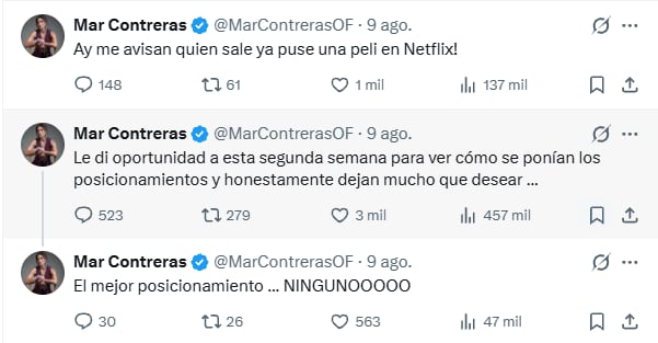 Mar Contreras critica los posicionamientos de los participantes en La Casa de los Famosos 4 a través de tres publicaciones en redes sociales. (Captura de pantalla: X)