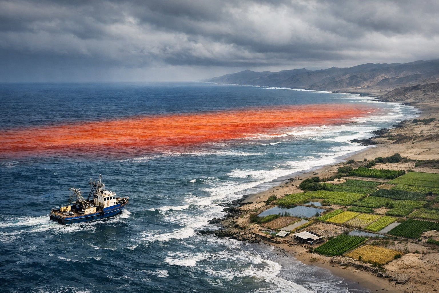 Vista aérea de la costa peruana con una franja roja que simboliza El Niño, mostrando un barco pesquero y campos agrícolas vulnerables ante el cambio climático y condiciones meteorológicas adversas. (Imagen Ilustrativa Infobae)