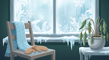 Una ventana cubierta de escarcha y nieve, una bufanda azul, guantes marrones en una silla, una planta con hojas caídas en una maceta gris.