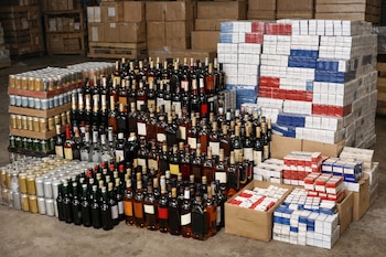 Una gran cantidad de botellas de licor, latas de cerveza y paquetes de cigarrillos apilados en un almacén con cajas de cartón al fondo.