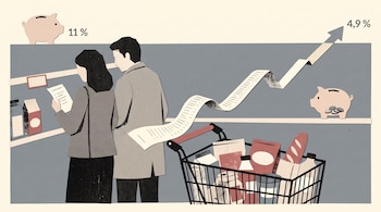 Ilustración de dos personas con una lista de compras, un carrito lleno de alimentos, dos huchas y un ticket que sube como una flecha.