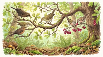 Ilustración de varias aves sobre ramas de roble con insectos y bayas, y un suelo cubierto de hojas, helechos y setas