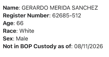 Gerardo Mérida desaparece de los registros penitenciarios de Estados Unidos.