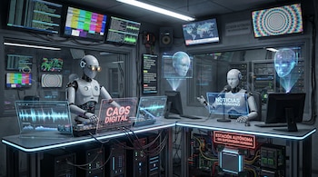 Dos robots humanoides operan una cabina de radio futurista con pantallas de datos, mapas y patrones. Un robot es DJ con 'CAOS DIGITAL', el otro presenta 'NOTICIAS SIN HUMANO'.