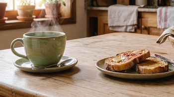 Taza verde humeante con cuchara en platillo sobre mesa de madera. Plato con dos tostadas, una con mantequilla y mermelada, otra con mantequilla. Cuchillo con mermelada.