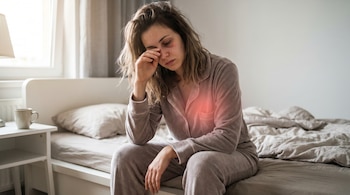 Una mujer con pijama color lila está sentada en el borde de una cama sin tender durante el día, frotándose un ojo y con una mancha roja difusa en el pecho.