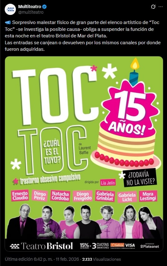 La obra 'Toc Toc' suspende su función en el Teatro Bristol de Mar del Plata debido a un sorpresivo malestar físico de gran parte de su elenco, mientras se investiga la causa de esta situación.
