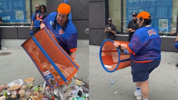 Vació basura en Manhattan, se llevó un cesto de los Knicks y la despidieron de JPMorgan: el video que se viralizó
