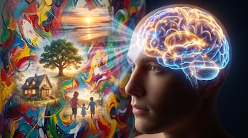 Primer plano del perfil de una persona con cerebro luminoso que irradia luz hacia una pintura abstracta con imágenes superpuestas de una playa, un árbol, una casa y tres niños.