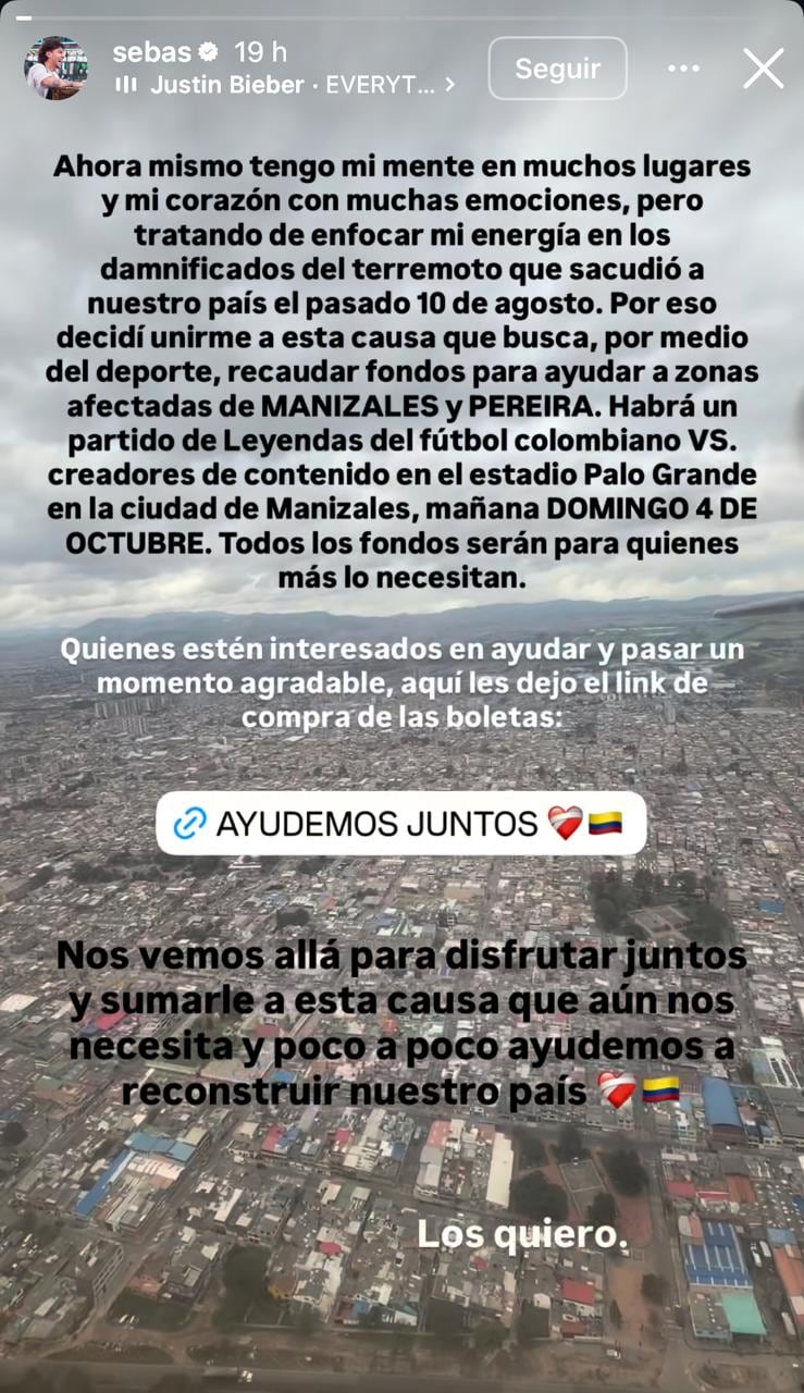 Decidió continuar con sus actividades en pro de los damnificados por el terremoto - crédito @sebasvillalobos/IG